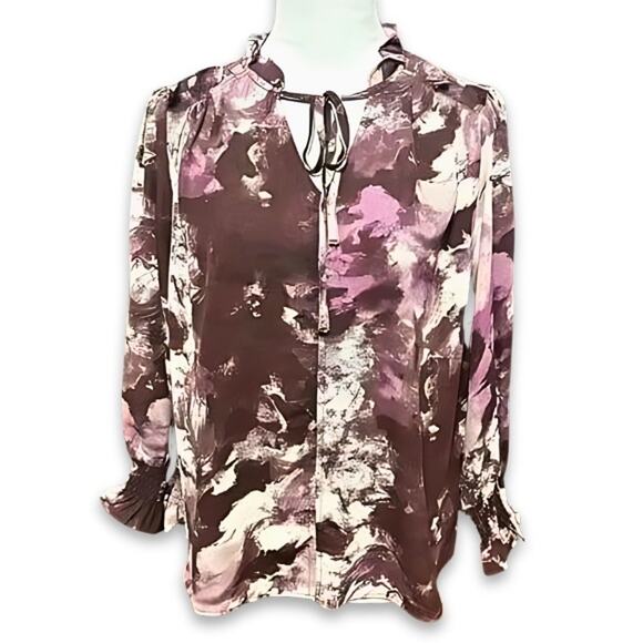 Cooper & Ella Blouse Ruffle Neckline Long Sleeve Unique Abstract Purple W S NWT - Picture 1 of 9